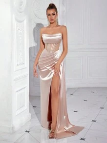 ADYCE 女士无肩带褶皱镂空透视长款缎面露背连衣裙，正式晚礼服，适合婚礼宾客、毕业典礼、晚宴和其他正式场合。