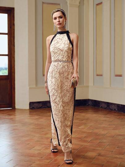 ZEYLAH Vestido largo halter con bloqueo de color y lentejuelas