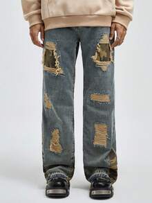 ROMWE MEN Street Life Quần Jeans Ống Thẳng Màu Tương Phản Rách Rách Ngụy Trang Cho Nam - Rượu sâm banh - Xem 5