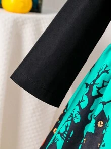 Infant Girls' Cute & Elegant Black-Green Halloween Horror Pattern Cap Sleeve Waistband Bow Swing Dress, Winter