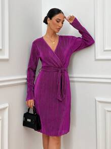 RueChic Elegant Style, Pleated Satin Quality, Wrap Neck Detailed, Belted Midi Dress