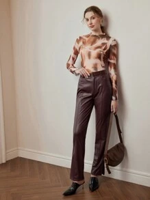 MOTF PREMIUM Áo lưới in họa tiết rau diếp toàn bộ, nửa trong suốt - Cà phê nâu - Xem 5