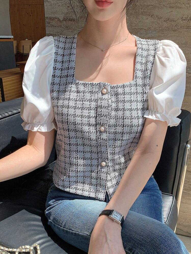 Women's Contrast Color Block Short Sleeve Front Button Simple Casual Shirt Plaid Babydoll Top