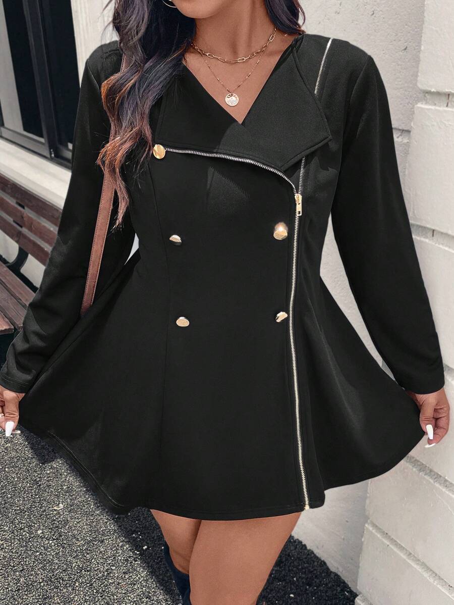 SHEIN LUNE Áo khoác Blazer tay dài đơn giản có nút và khóa kéo cỡ lớn dành cho trang phục thường ngày, Áo khoác dạ nữ gợi cảm Quần áo mùa đông - màu đen - Xem 1