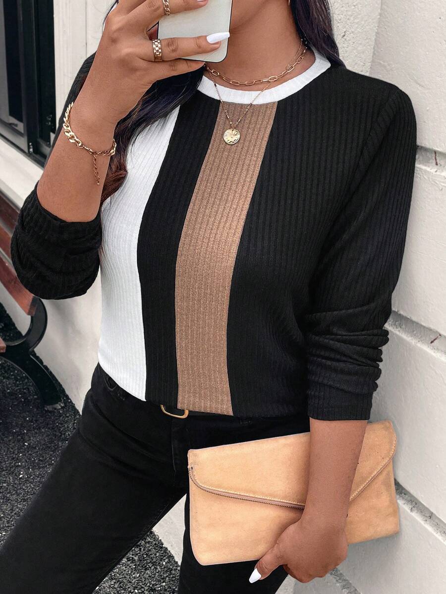 SHEIN LUNE Áo thun cổ tròn tay dài màu khối cỡ lớn dành cho nữ, quần áo mùa xuân và mùa hè mùa đông - Nhiều màu - Xem 1