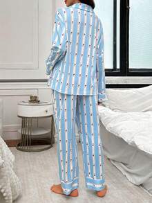 孕妇花卉条纹领长袖睡衣 - 淺藍色 - 查看 2