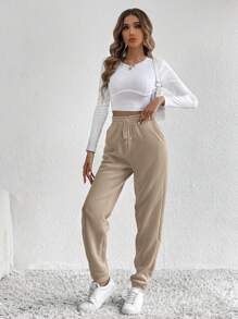 SHEIN Tall 女士抽绳腰部口袋慢跑休闲运动裤 - 咖啡棕 - 查看 4