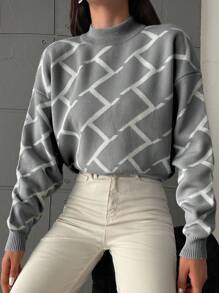 SHEIN Damski luźny sweter z długim rękawem i geometrycznym wzorem, jesień/zima