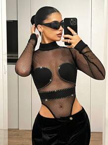SHEIN ICON Women Sexy Rhinestone Fishnet Sheer Bodysuit, Black Clothes - Black - View 1