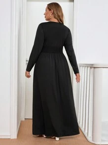 Gownix Black Long Sleeve Dress, Soft & Comfortable Plus Size Women Knitted Elegant Layering Dress For Fall & Winter - Black - View 2