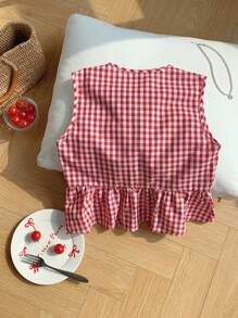 Comfortcana Blusa informal de mujer sin mangas a cuadros rojos con volantes en el bajo, blusas sin mangas
