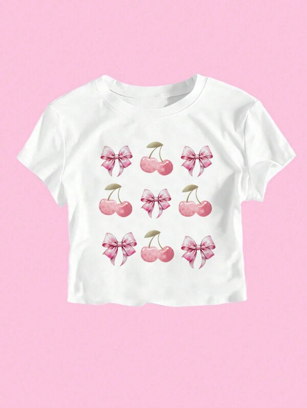 SHEIN Wildeya Tween Girl Tricou cu mânecă scurtă, cu decolteu rotund, cu imprimeu de cireșe și papule, pentru vară