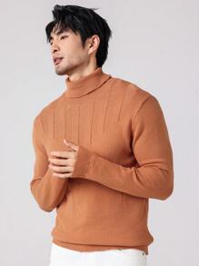 Manfinity Homme 男士纯色高领宽松休闲毛衣，秋冬 - 橘色 - 查看 8
