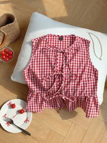 Comfortcana Blusa informal de mujer sin mangas a cuadros rojos con volantes en el bajo, blusas sin mangas