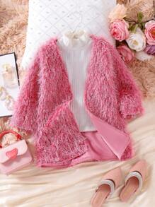SHEIN Long Warm Fuzzy Outerwear Coat For Young Girl