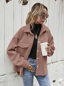 SHEIN Frenchy 女士纯色落肩长袖实用口袋休闲针织夹克秋冬季 - 粉色 - 查看 5