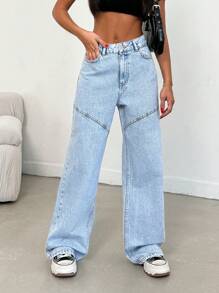 SHEIN Cottnline 100% Cotton High Waist Sewing Detailed Wideleg Jean - Light Wash - View 5
