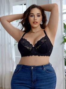 Plus Size Women's Classic Padded Underwire Contrast Lace Bra, Lingerie - Black - View 5