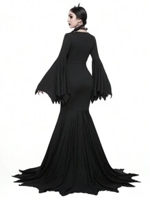 ROMWE Gothic Halloween Flare Sleeve Solid Black Mermaid Hem Dress With Sweetheart Neckline For Women - Black - View 5