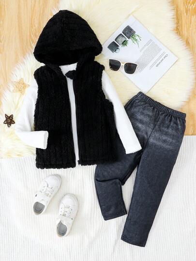 SHEIN 3 件套年轻男孩休闲长袖白色上衣 + 黑色蓬松连帽背心 + 裤子套装，秋冬