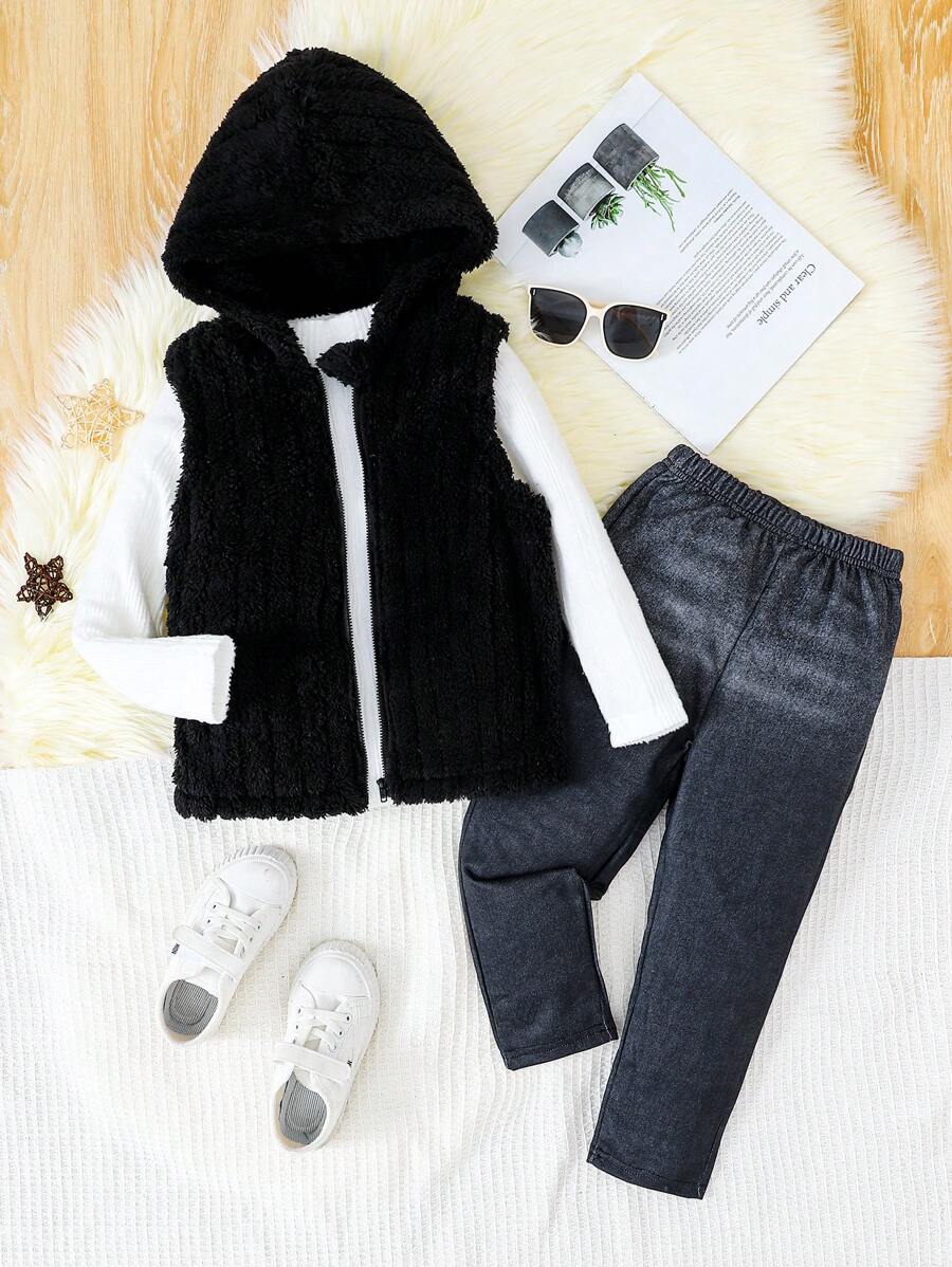 SHEIN 3 件套年轻男孩休闲长袖白色上衣 + 黑色蓬松连帽背心 + 裤子套装，秋冬 - 黑色 - 查看 1