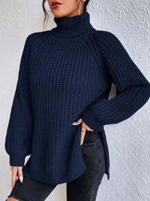 SHEIN Frenchy Áo len dài tay Raglan cổ lọ rộng rãi màu trơn cho nữ, Thu/Đông, Áo dài tay - Màu xanh hải quân - Xem 4