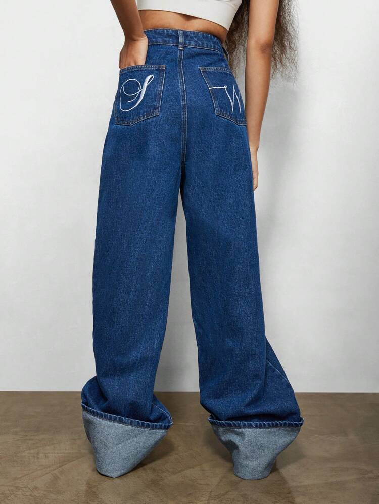 SUMWON WOMEN High Waisted Ultra Wide Leg Baggy Cuffed Hem Women Jeans