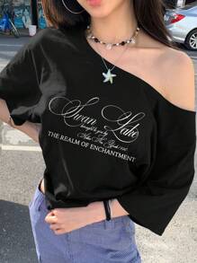 INAWLY 女士夏季标语印花不对称领口短袖休闲 T 恤图案 T 恤女式上衣 - 黑色 - 查看 3