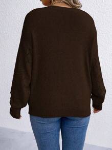 EMERY ROSE Suéter holgado de manga larga con cuello en V y hombros caídos, estilo suelto para mujer de talla grande, para otoño/invierno, jersey de punto - Marrón - Ver 2