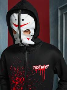 WB Horror X SHEIN Sudadera con capucha casual suelta para hombres con estampado de salpicaduras y máscara tipo Jason