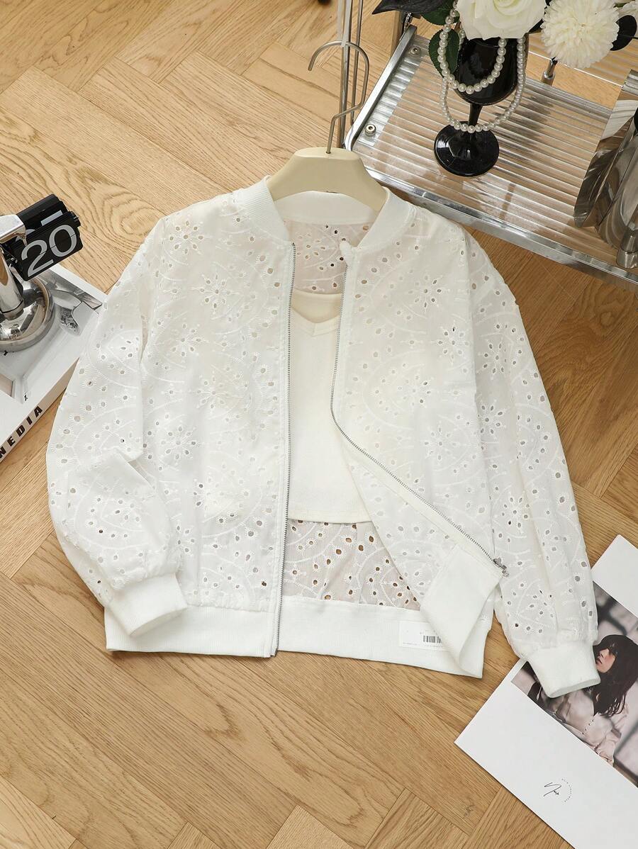 Tween Girls' Oversized Casual Embroidered Sheer Long Sleeve Jacket - White - View 1