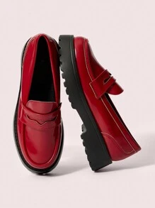 CUCCOO DOLLMOD 纯色圆头简约乐福鞋，休闲日常万圣节秋季勃艮第乐福鞋 - 酒紅色 - 查看 5