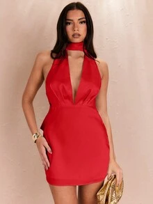 SHEIN BAE Women Solid Color Halter Neck Tie Dress - Red - View 2