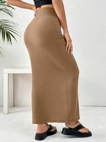 SHEIN EZwear 女款针织紧身及膝裙 - 駝色 - 查看 2
