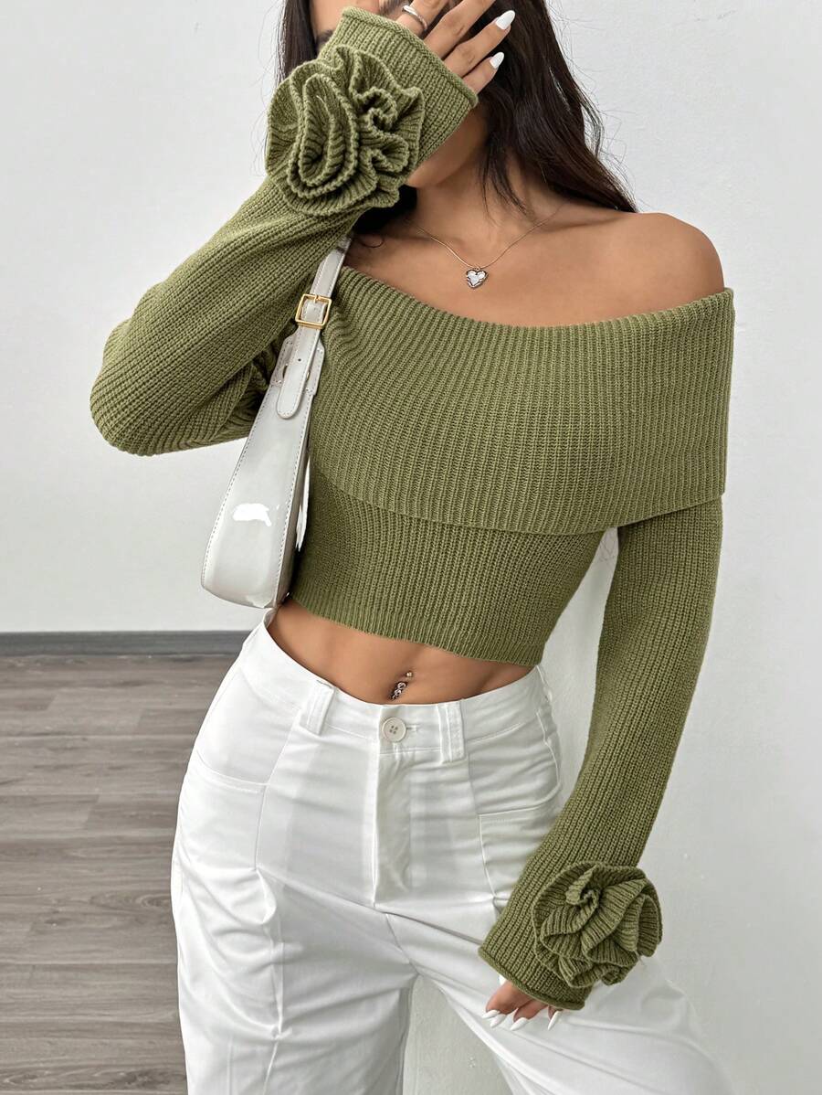 Chiquease Short Off-Shoulder Long Sleeve 3D Flower Casual & Elegant Ladies Sweater Knit Pullover Fall Winter Outfit - Green - View 1
