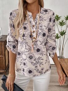 EMERY ROSE 女式前扣中长袖全花印花休闲衬衫 - 彩色 - 查看 4