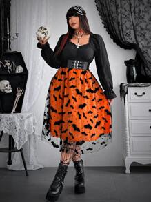 Whyspr 大码万圣节撞色蝙蝠图案网眼腰部收腰连衣裙，秋装