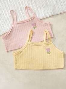 2pcs/Set Young Girls' Simple Cute Yellow And Pink Embroidered Camisole Underwear Set - Multicolor - View 5