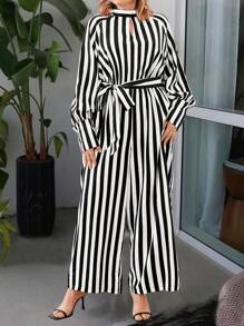 Plus Size Stand Collar Long Sleeve Belted Striped Casual Jumpsuit