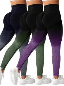 3pcs Ombre Tummy Control Sports Leggings - Multicolor - View 1