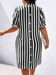 EMERY ROSE 大码夏季休闲条纹缺口领泡泡袖连衣裙长款女装 - 黑與白 - 查看 5