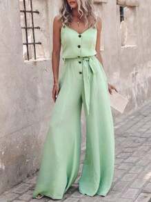 INAWLY Women's Summer Solid Color Button Half-Placket Wide Leg Loose Casual Jumpsuit - Mint Green - View 3