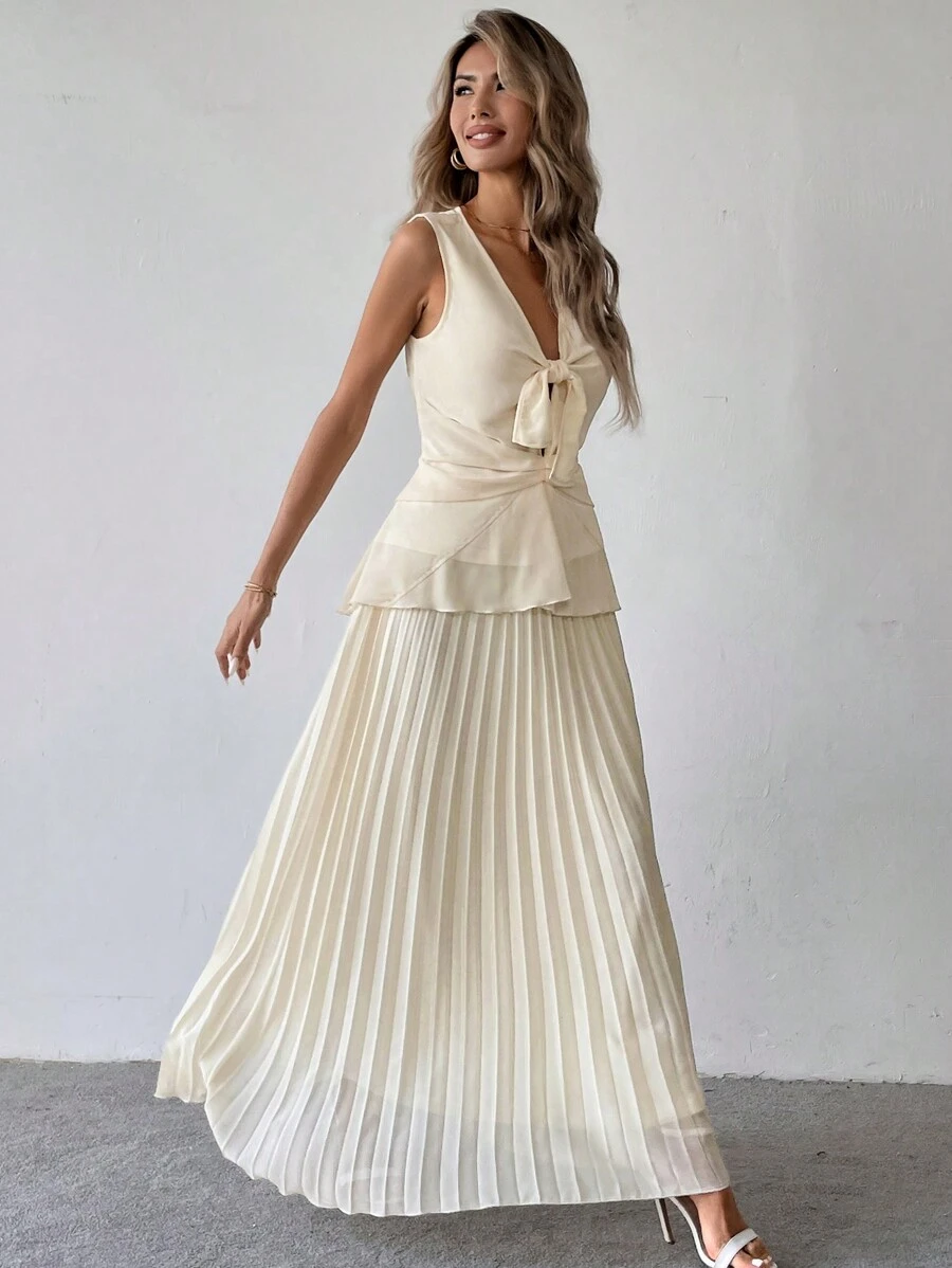 Chiquease 2-Piece Set: Elegant Women's Solid Color Tie-Front Vest And Pleated Mini Skirt, Spring & Summer - Apricot - View 1