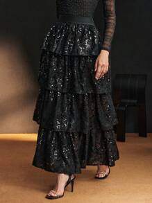 MOTF Soiréza 亮片层叠荷叶边下摆短裙 - 黑色 - 查看 5