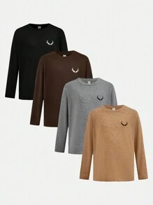 SHEIN Bộ 4 áo thun dài tay cổ tròn in họa tiết dáng rộng cho bé trai tuổi teen, phong cách thời trang thu đông. - màu đen - Xem 1