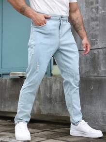 Manfinity Homme Men's Plus Size Casual Washed Ripped Tapered Jeans, Plain Light Jeans Slim Fit Long Baby Blue Washed Cargo Jeans, For Husband, Boyfriend Gifts - Blue - View 6