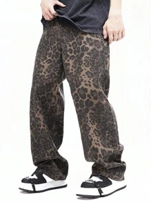 Manfinity EMRG 男士豹纹宽松牛仔裤长款洗水深色工装牛仔裤彩色派对时尚朋友外出聚会通勤学院街头 Emo 风格