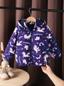 SHEIN Girls Casual Cute Daily Raglan Long Sleeve Loose Cartoon Unicorn & Rainbow Print Fleece Thickened Warm Hooded Jacket For Winter - Purple - View 3