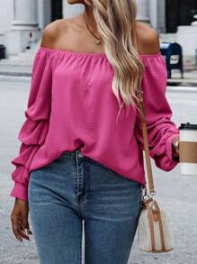 SHEIN Clasi Blusa Sólida Con Hombros Descubiertos, Manga Larga Plisada - Rosa Fucsia - Ver 6