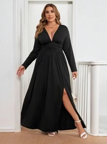 Gownix Black Long Sleeve Dress, Soft & Comfortable Plus Size Women Knitted Elegant Layering Dress For Fall & Winter - Black - View 5